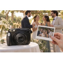 Instax Wide 210 noir et tirage montré aux invités d’un cocktail