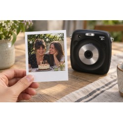 Tirage Instax Square tenu en main avec un SQ10 en arrière-plan