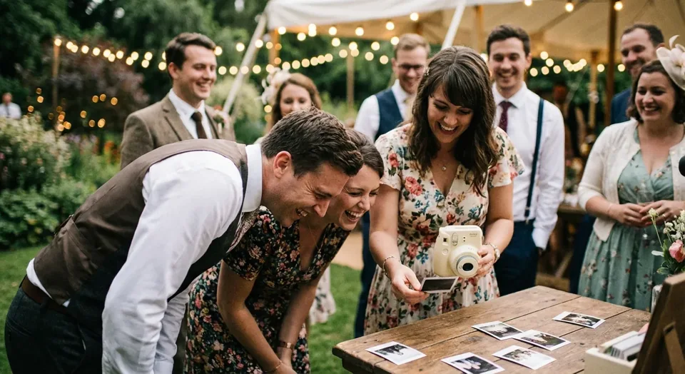 Des invités découvrent leurs photos Instax pendant un mariage
