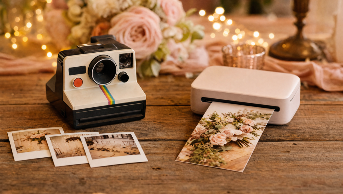 Polaroid vintage et imprimante photo portable côte à côte sur une table de mariage