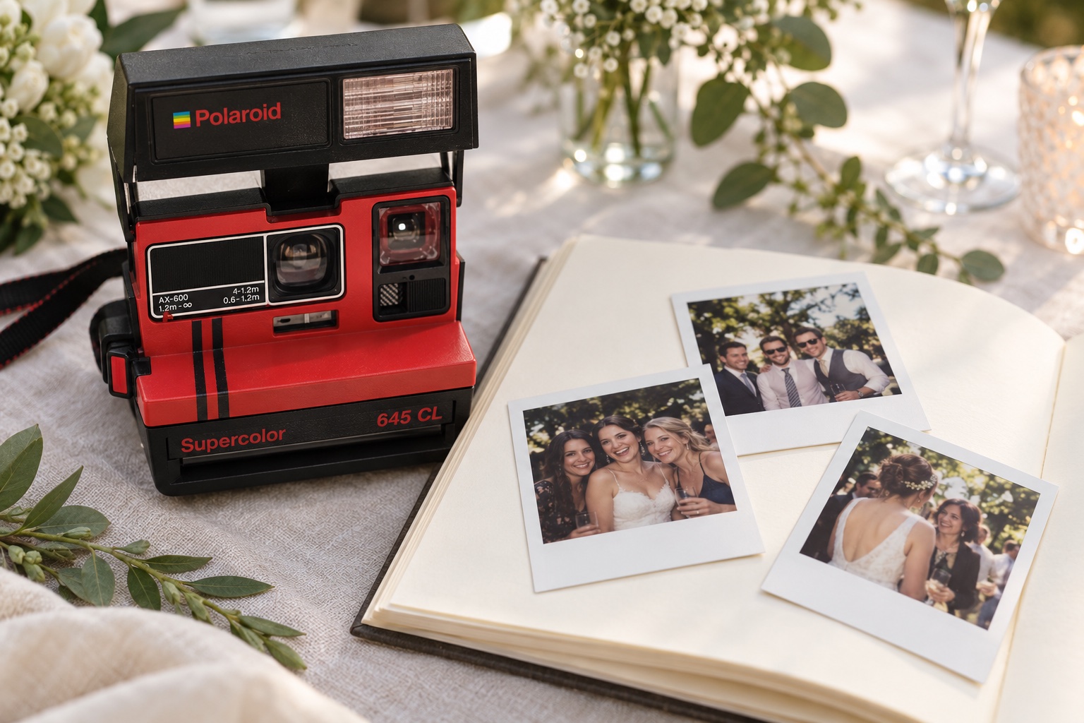 Polaroid vintage et tirages instantanés sur un livre d’or de mariage